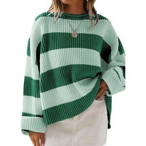 Women's Pullover Drop Shoulder Long Sleeve Retro Stripe Dark Green Fall Sweater